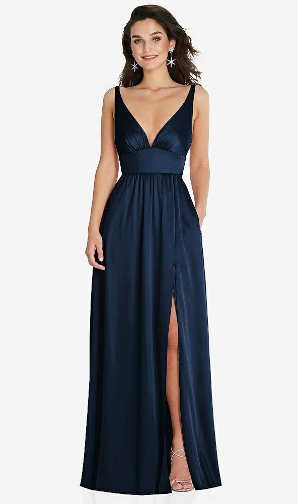 Front View - Midnight Navy Deep V-Neck Shirred Skirt Maxi Dress with Convertible Straps