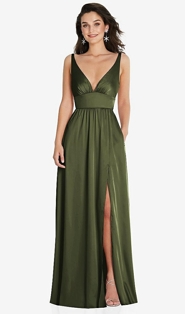 Front View - Olive Green Deep V-Neck Shirred Skirt Maxi Dress with Convertible Straps