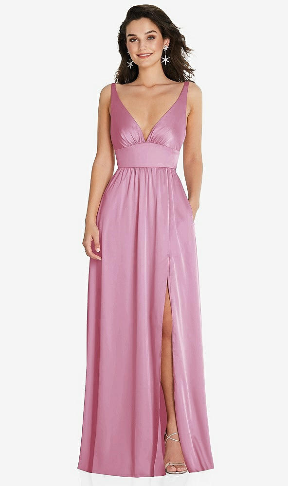 Front View - Powder Pink Deep V-Neck Shirred Skirt Maxi Dress with Convertible Straps