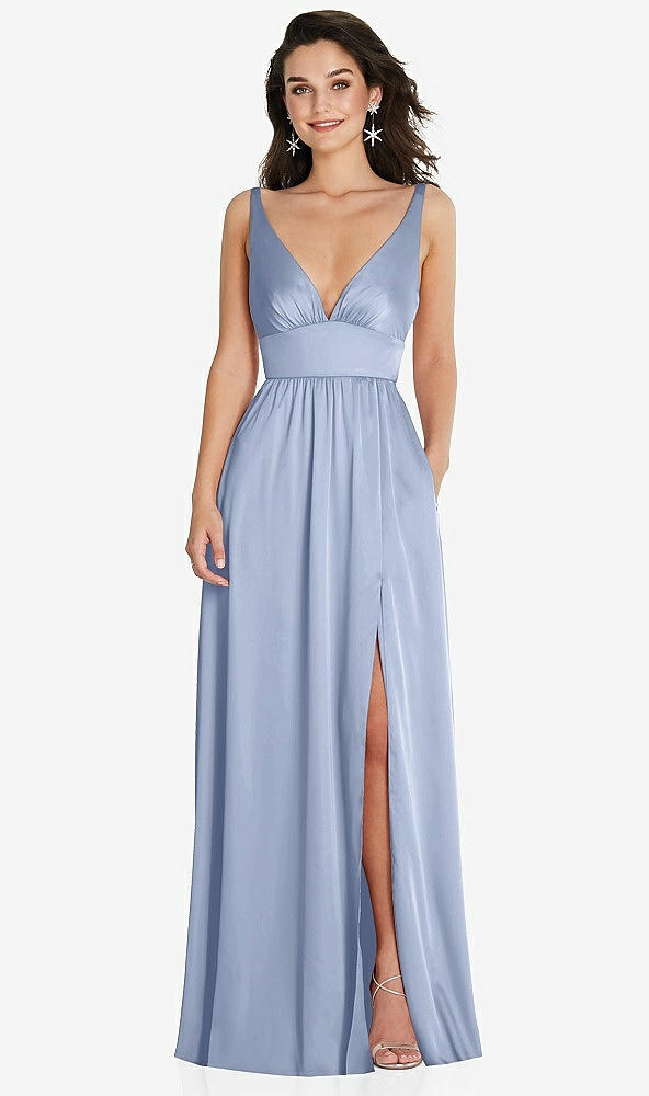 Front View - Sky Blue Deep V-Neck Shirred Skirt Maxi Dress with Convertible Straps