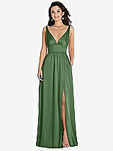 Front View Thumbnail - Vineyard Green Deep V-Neck Shirred Skirt Maxi Dress with Convertible Straps