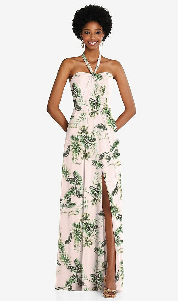 Front View - Palm Beach Print Draped Chiffon Grecian Column Gown with Convertible Straps