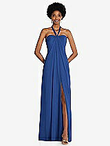 Front View Thumbnail - Classic Blue Draped Chiffon Grecian Column Gown with Convertible Straps