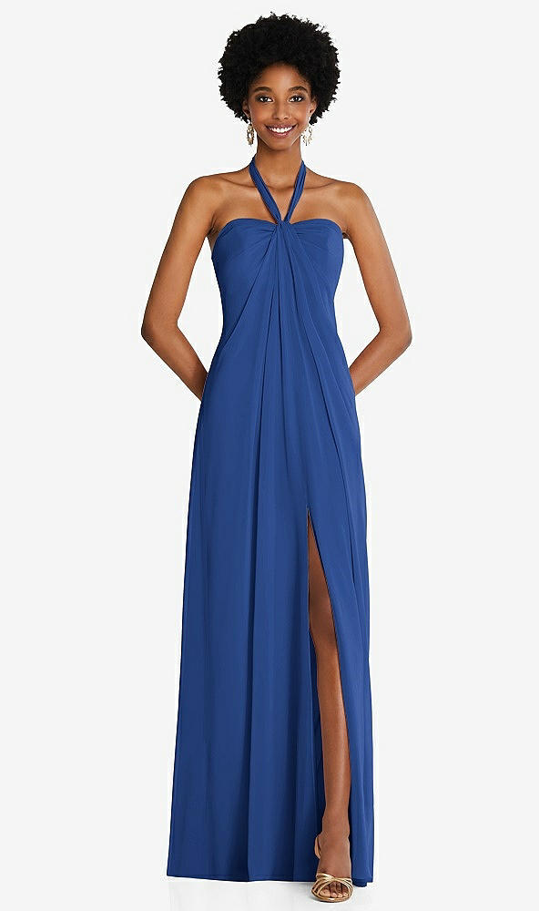 Front View - Classic Blue Draped Chiffon Grecian Column Gown with Convertible Straps