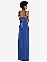 Rear View Thumbnail - Classic Blue Draped Chiffon Grecian Column Gown with Convertible Straps