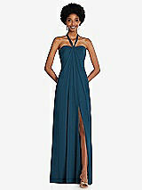 Front View Thumbnail - Atlantic Blue Draped Chiffon Grecian Column Gown with Convertible Straps