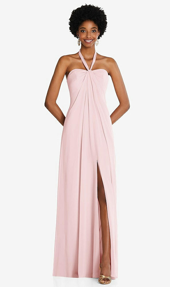 Front View - Ballet Pink Draped Chiffon Grecian Column Gown with Convertible Straps