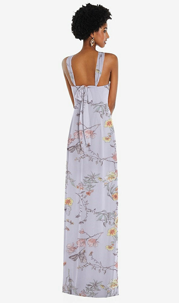 Back View - Butterfly Botanica Silver Dove Draped Chiffon Grecian Column Gown with Convertible Straps