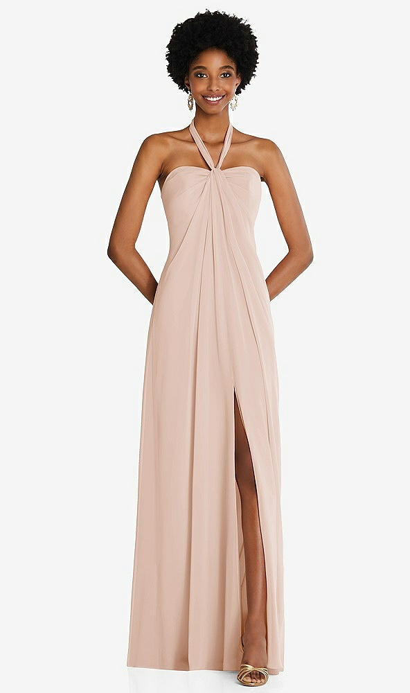 Front View - Cameo Draped Chiffon Grecian Column Gown with Convertible Straps