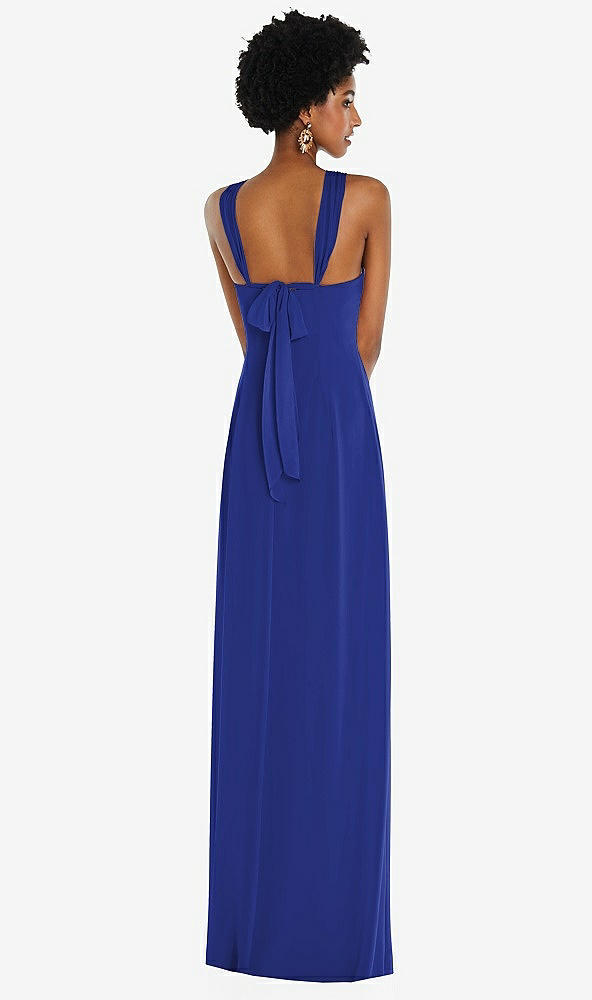 Back View - Cobalt Blue Draped Chiffon Grecian Column Gown with Convertible Straps