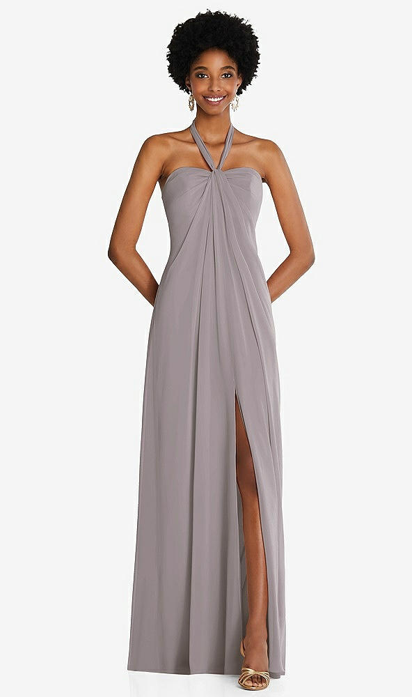 Front View - Cashmere Gray Draped Chiffon Grecian Column Gown with Convertible Straps