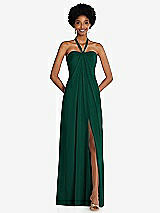 Front View Thumbnail - Hunter Green Draped Chiffon Grecian Column Gown with Convertible Straps