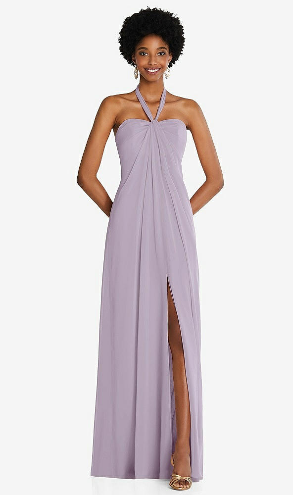Front View - Lilac Haze Draped Chiffon Grecian Column Gown with Convertible Straps