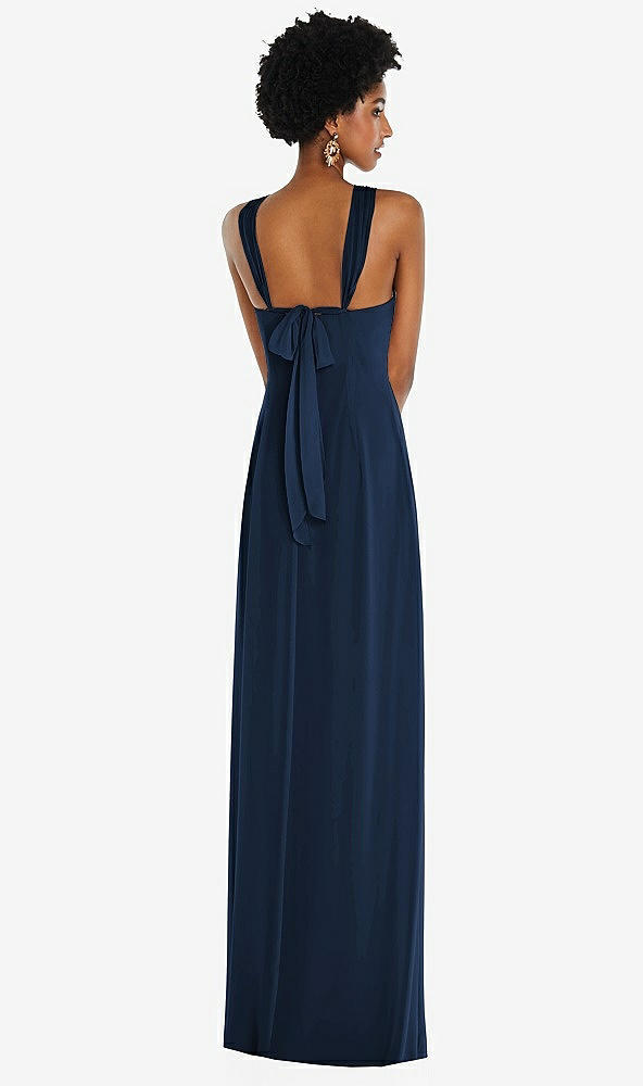 Back View - Midnight Navy Draped Chiffon Grecian Column Gown with Convertible Straps