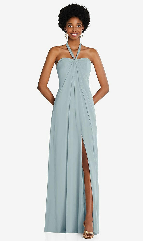 Front View - Morning Sky Draped Chiffon Grecian Column Gown with Convertible Straps