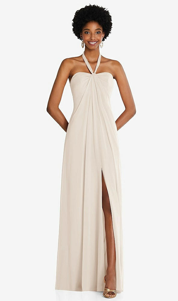 Front View - Oat Draped Chiffon Grecian Column Gown with Convertible Straps