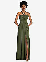 Front View Thumbnail - Olive Green Draped Chiffon Grecian Column Gown with Convertible Straps