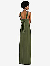Rear View Thumbnail - Olive Green Draped Chiffon Grecian Column Gown with Convertible Straps