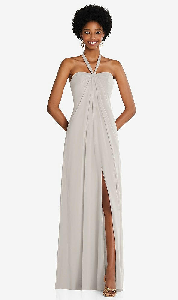 Front View - Oyster Draped Chiffon Grecian Column Gown with Convertible Straps