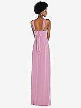 Rear View Thumbnail - Powder Pink Draped Chiffon Grecian Column Gown with Convertible Straps