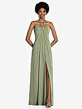Front View Thumbnail - Sage Draped Chiffon Grecian Column Gown with Convertible Straps