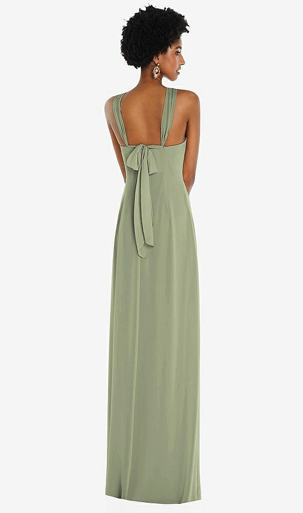 Back View - Sage Draped Chiffon Grecian Column Gown with Convertible Straps