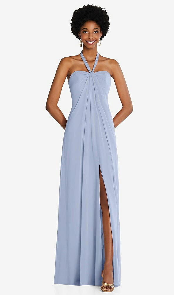 Front View - Sky Blue Draped Chiffon Grecian Column Gown with Convertible Straps