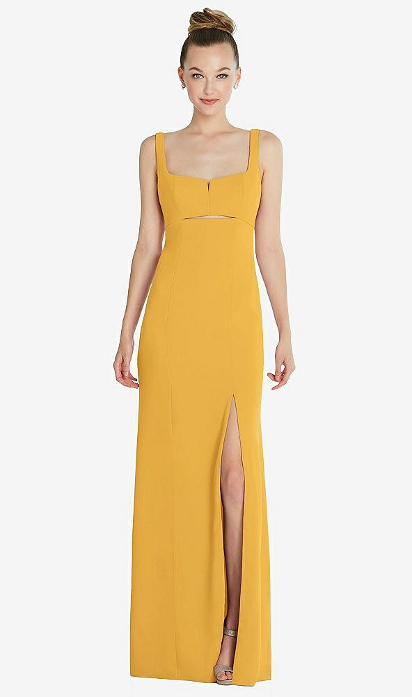 Front View - NYC Yellow Wide Strap Slash Cutout Empire Dress with Front Slit