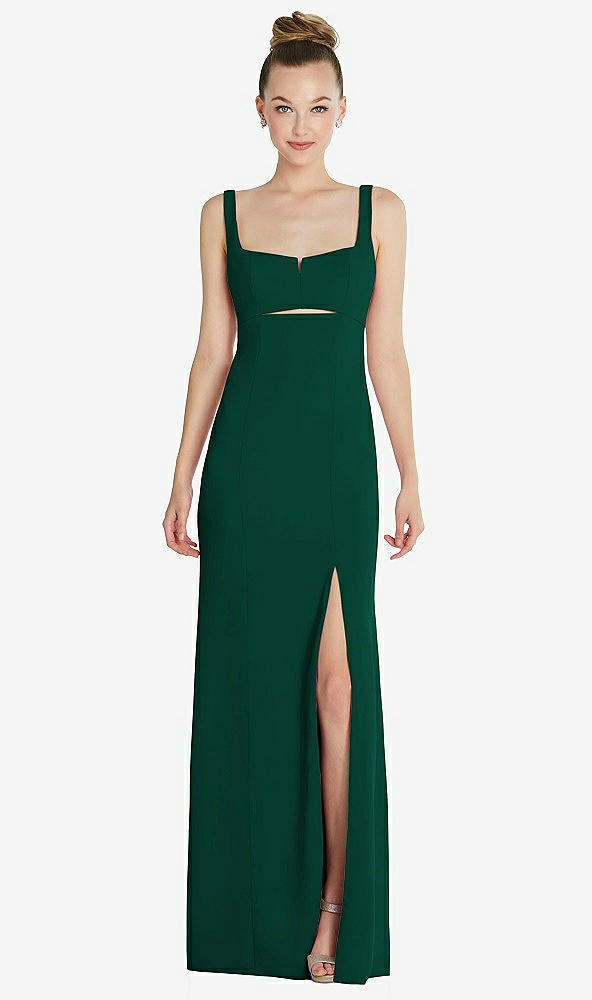 Front View - Hunter Green Wide Strap Slash Cutout Empire Dress with Front Slit