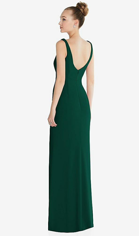 Back View - Hunter Green Wide Strap Slash Cutout Empire Dress with Front Slit