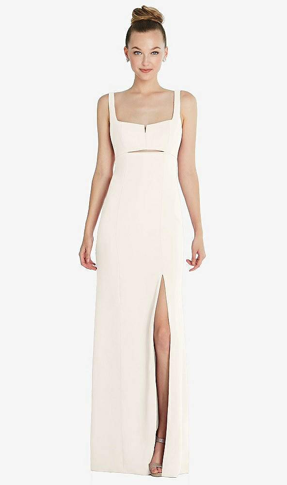 Front View - Ivory Wide Strap Slash Cutout Empire Dress with Front Slit