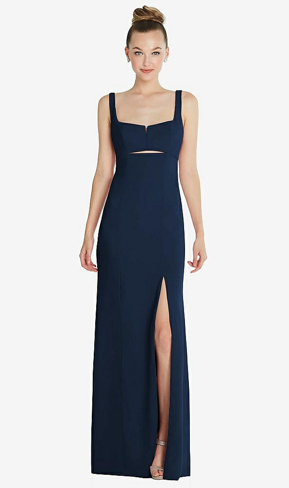 Front View - Midnight Navy Wide Strap Slash Cutout Empire Dress with Front Slit