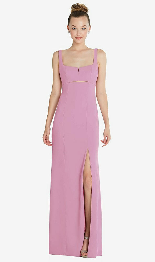 Front View - Powder Pink Wide Strap Slash Cutout Empire Dress with Front Slit