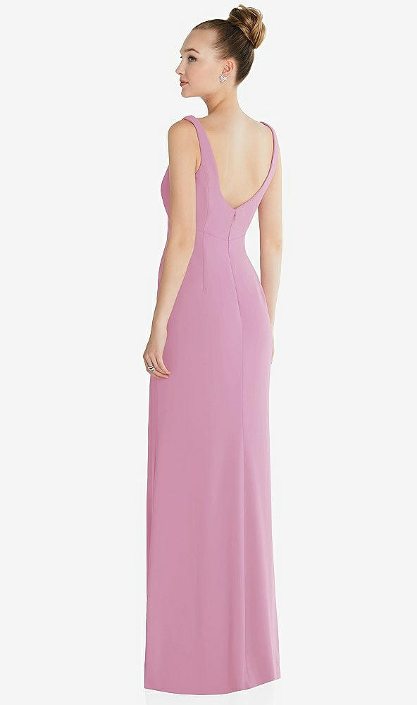 Back View - Powder Pink Wide Strap Slash Cutout Empire Dress with Front Slit