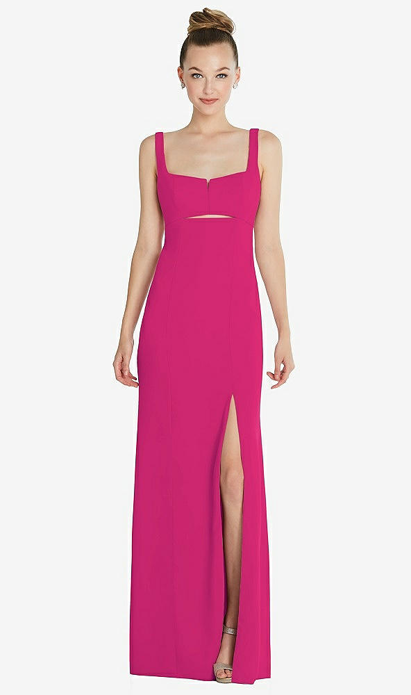 Front View - Think Pink Wide Strap Slash Cutout Empire Dress with Front Slit