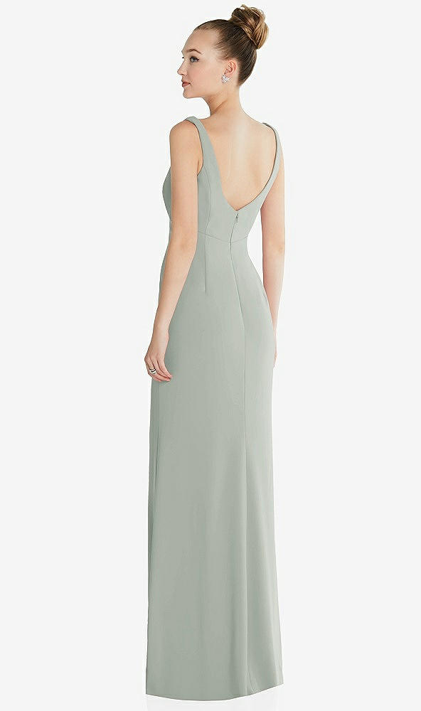Back View - Willow Green Wide Strap Slash Cutout Empire Dress with Front Slit