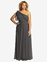 Front View Thumbnail - Caviar Gray Draped One-Shoulder Maxi Dress with Scarf Bow