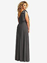 Rear View Thumbnail - Caviar Gray Draped One-Shoulder Maxi Dress with Scarf Bow