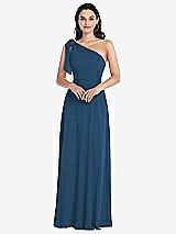 Alt View 1 Thumbnail - Dusk Blue Draped One-Shoulder Maxi Dress with Scarf Bow