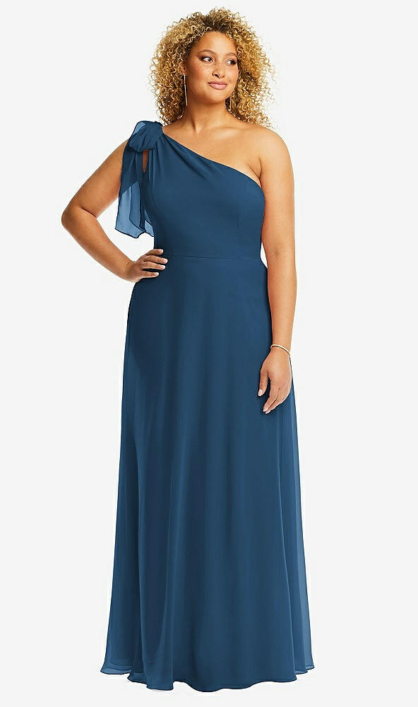 Front View - Dusk Blue Draped One-Shoulder Maxi Dress with Scarf Bow