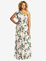 Front View Thumbnail - Palm Beach Print Draped One-Shoulder Maxi Dress with Scarf Bow