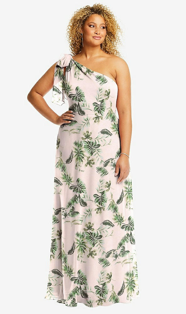 Front View - Palm Beach Print Draped One-Shoulder Maxi Dress with Scarf Bow