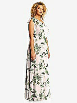 Side View Thumbnail - Palm Beach Print Draped One-Shoulder Maxi Dress with Scarf Bow