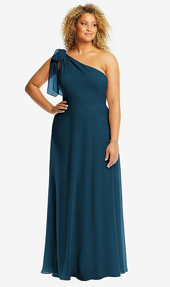 Front View - Atlantic Blue Draped One-Shoulder Maxi Dress with Scarf Bow