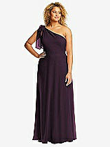 Front View Thumbnail - Aubergine Draped One-Shoulder Maxi Dress with Scarf Bow