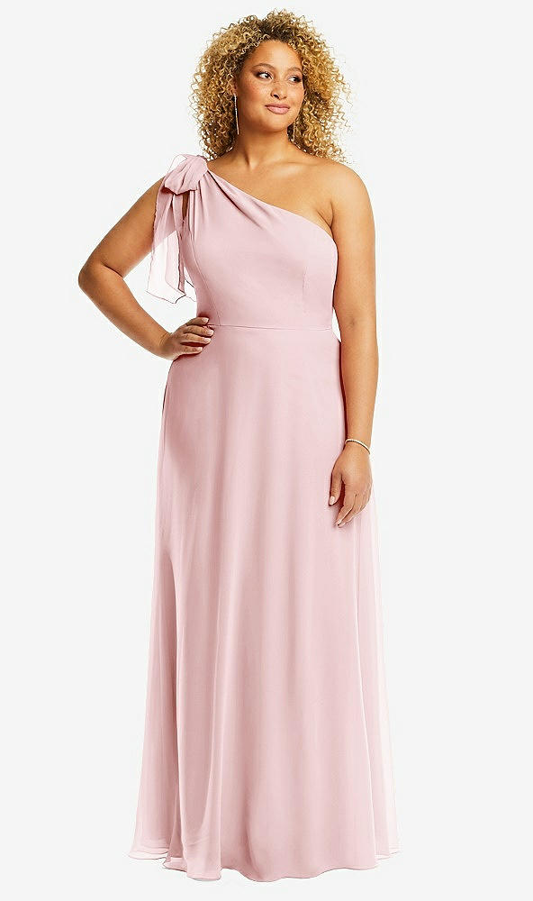Front View - Ballet Pink Draped One-Shoulder Maxi Dress with Scarf Bow