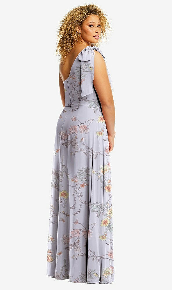 Back View - Butterfly Botanica Silver Dove Draped One-Shoulder Maxi Dress with Scarf Bow
