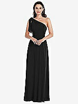 Alt View 1 Thumbnail - Black Draped One-Shoulder Maxi Dress with Scarf Bow