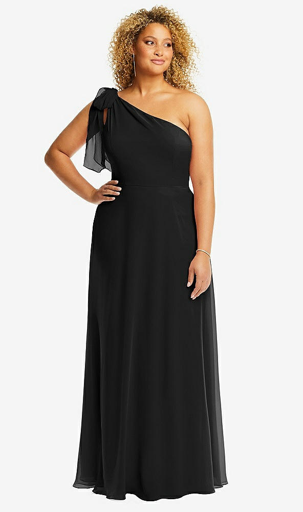 Front View - Black Draped One-Shoulder Maxi Dress with Scarf Bow