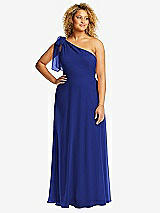 Front View Thumbnail - Cobalt Blue Draped One-Shoulder Maxi Dress with Scarf Bow